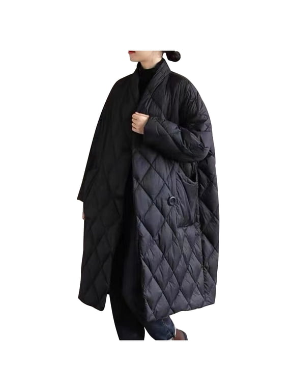 Women's Baggy Maxi Duster Outwear Trendy Long Sleeve Trench Coat Lady Casual Jackets Notch Stand Collared Coat Thickened Outwear Coat Winter Clothes Solid Color Black L