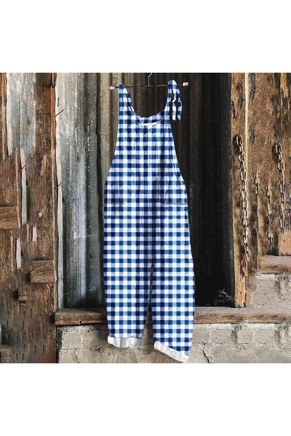 Women's Baggy Overalls Sleeveless Wide Leg Plaid Print Bib Pants Plus Size Casual Spring Fall Trendy Jumpsuit (4XL, Blue-A)