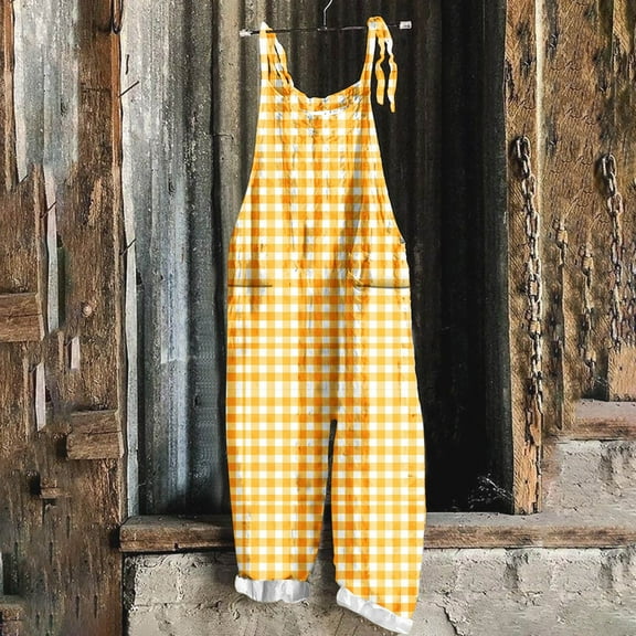 Women's Baggy Overalls Sleeveless Wide Leg Plaid Print Bib Pants Plus Size Casual Spring Fall Trendy Jumpsuit (4XL, Orange-B)