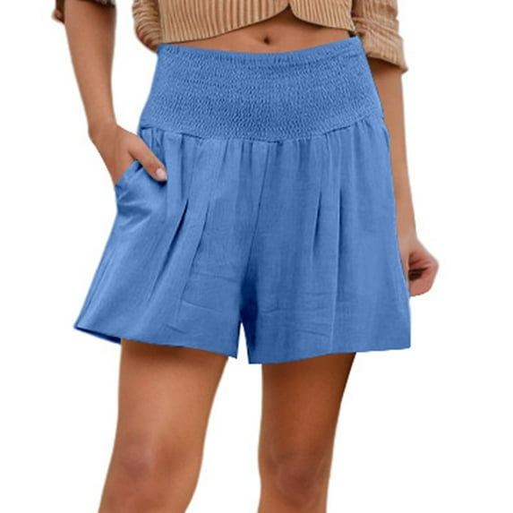 Women's Baggy Shorts Summer Solid Color Elastic Waist Wide Leg Casual Loose High Waisted Short with Pockets S-5XL