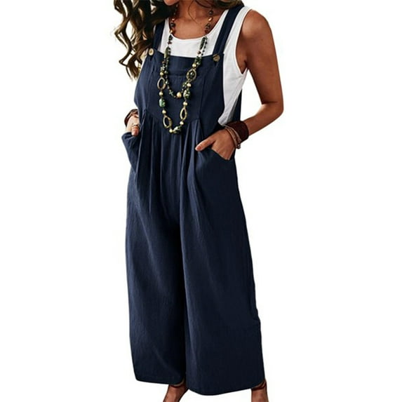 Women's Baggy Sleeveless Jumpsuits Loose Wide-Leg Pants Straps Long Pants Casual Linen Long Pants Overalls Rompers