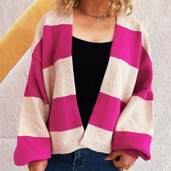 Women's Baggy Sweaters Cardigan Striped Colorblock Long Sleeve Open Front Knit V Neck Cardigans Fall Outerwear (L, Hot Pink)