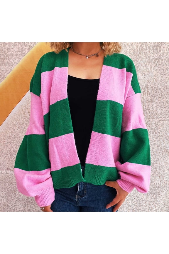 Women's Baggy Sweaters Cardigan Striped Colorblock Long Sleeve Open Front Knit V Neck Cardigans Fall Outerwear (M, Pink)
