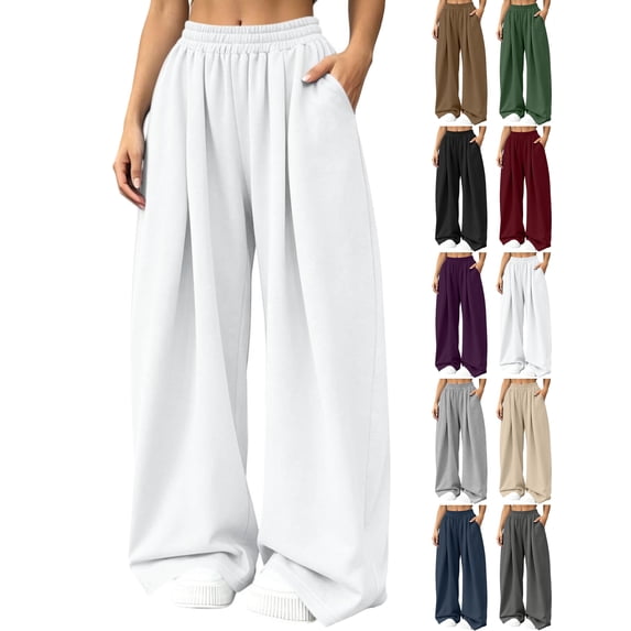 Women's Baggy Sweatpants Wide Leg Lounge Elastic Waist Solid Color Casual Lounge Everyday Home Pants with Pockets