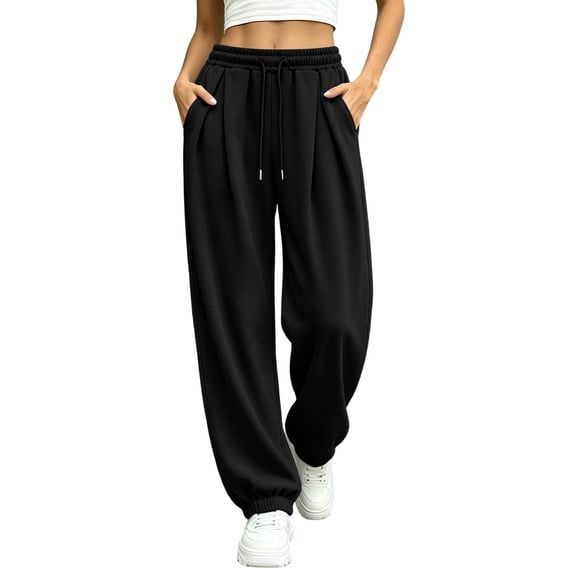 Women's Baggy Sweatpants Y2K Pleated High Waist Drawstring Jogger Pants Soft Casual Street Athletic Pants with Pockets Fall Outfits Black