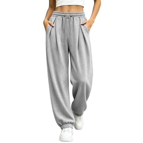 Women's Baggy Sweatpants Y2K Pleated High Waist Drawstring Jogger Pants Soft Casual Street Athletic Pants with Pockets Fall Outfits Gray