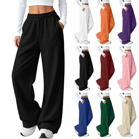 Women's Baggy Sweatpants with Pockets Casual Drawstring Solid Color Elastic Waist Sports Straight Slim Side Line Track Pants
