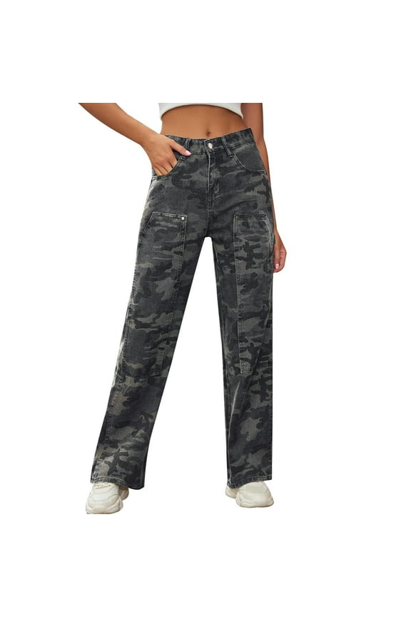 Women's Baggy Wide Leg Camo Pants Retro Style Hiphop Hop Jeans Green L