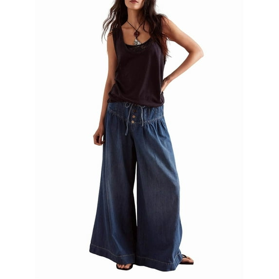 Women's Baggy Wide Leg Denim Pants Drawstring Midi Waisted Flare Jeans Ruffle Pleated Button Jeans