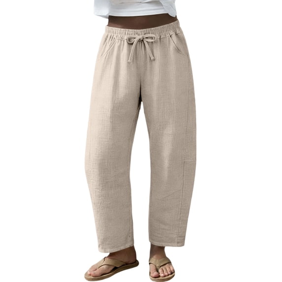 Women's Baggy Wide Leg Elastic Waist Barrel Pants Linen Pants Women Beige L