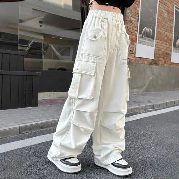 Women's Baggy Wide Leg Loose Cargo Pants Y2K Clothing Multi-Pocket Relaxed Fit Jeans Fairy Grunge Clothes Alt Emo Streetwear Kids Pants (12-13 Years, White)
