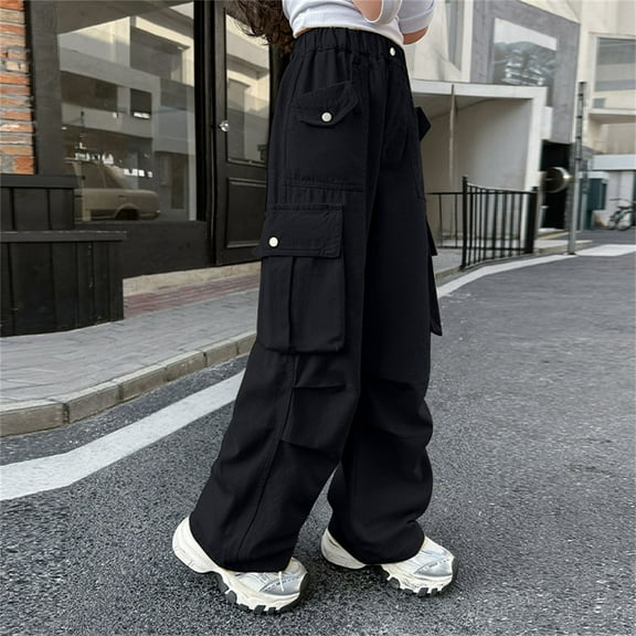 Women's Baggy Wide Leg Loose Cargo Pants Y2K Clothing Multi-Pocket Relaxed Fit Jeans Fairy Grunge Clothes Alt Emo Streetwear Kids Pants (7-8 Years, Black)