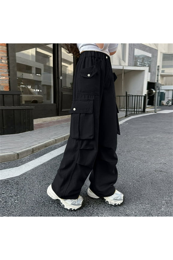 Women's Baggy Wide Leg Loose Cargo Pants Y2K Clothing Multi-Pocket Relaxed Fit Jeans Fairy Grunge Clothes Alt Emo Streetwear Kids Pants (7-8 Years, Black)