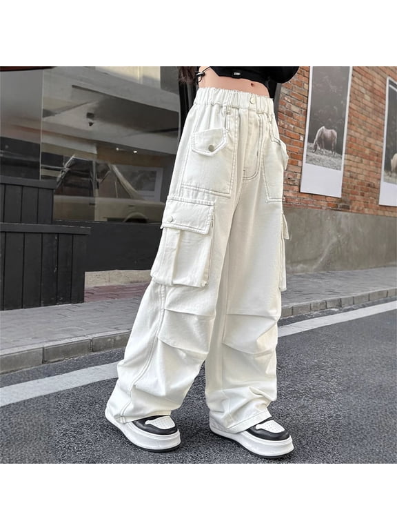 Women's Baggy Wide Leg Loose Cargo Pants Y2K Clothing Multi-Pocket Relaxed Fit Jeans Fairy Grunge Clothes Alt Emo Streetwear Kids Pants (7-8 Years, White)
