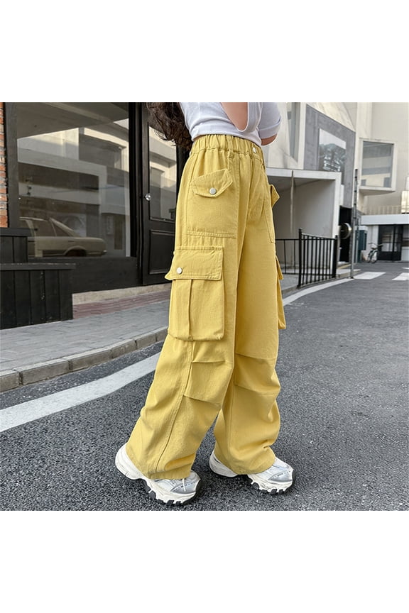 Women's Baggy Wide Leg Loose Cargo Pants Y2K Clothing Multi-Pocket Relaxed Fit Jeans Fairy Grunge Clothes Alt Emo Streetwear Kids Pants (9-10 Years, Yellow)