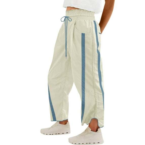 Women's Baggy Wide Leg Pants Casual Drawstring Elastic Waist Contrast Color Workout Y2K Cargo Pants with Pockets Track Pants Lightweight Trousers Streetwear