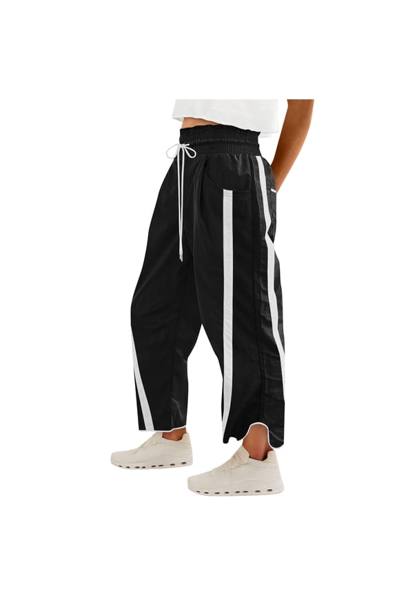 Women's Baggy Wide Leg Pants Casual Drawstring Elastic Waist Contrast Color Workout Y2K Cargo Pants with Pockets Track Pants Lightweight Trousers Streetwear