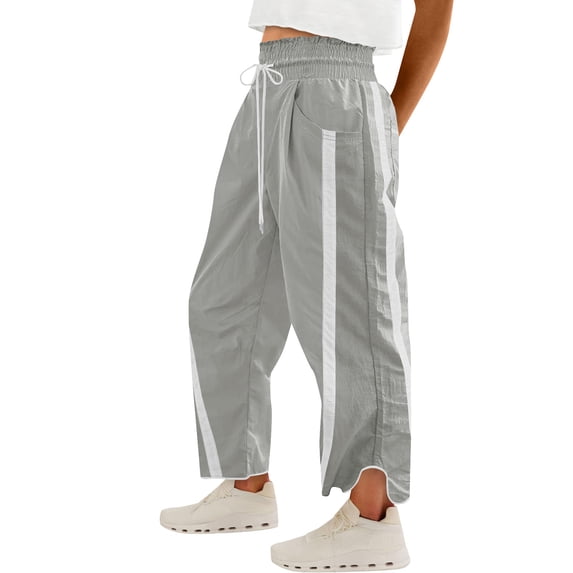 Women's Baggy Wide Leg Pants Casual Drawstring Elastic Waist Contrast Color Workout Y2K Cargo Pants with Pockets Track Pants Lightweight Trousers Streetwear