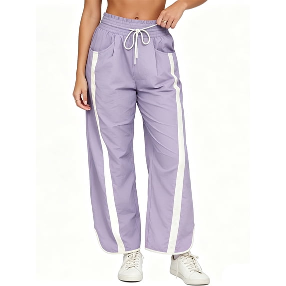 Women's Baggy Wide Leg Pants Casual Drawstring Elastic Waisted Contrast Color Workout Y2K Track Pants