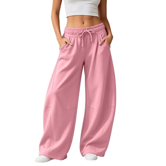 Women's Baggy Wide Leg Pants Drawstring Elastic Waist Loose Fit Solid Color Casual Lounge Sweatpants with Pockets