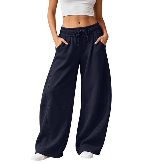 Women's Baggy Wide Leg Pants Drawstring Elastic Waist Loose Fit Solid Color Casual Lounge Sweatpants with Pockets