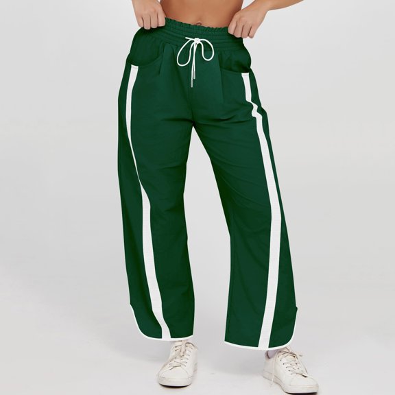 Women's Baggy Wide Leg Pants, Loose Casual Drawstring Outdoor Sports Pants Elastic Waisted Color Block Workout Track Trousers Navy L