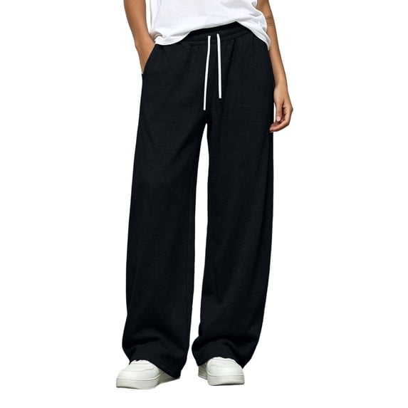 Women's Baggy Wide Leg Sweatpants Pockets Lightweight Casual Fall Pants Drawstring Elastic Waist Comfy Pants (M, Black)