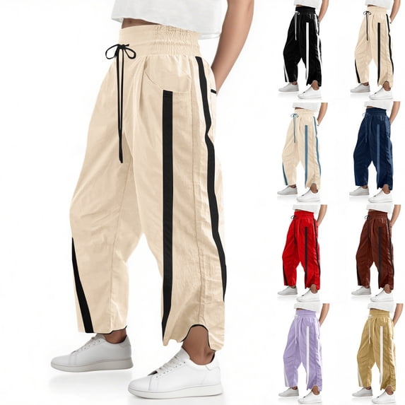 Women's Baggy Wide Leg Track Pants with Contrast Color and Drawstring Elastic Waist, Casual Loose Fit Sweatpants for Workout, Jogging, or Daily Streetwear Khaki L
