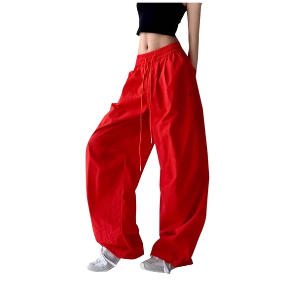 Women's Baggy Y2K Parachute Pants with Pockets Drawstring Casual Wide Leg Cargo Sweatpants Elastic High Waisted (M, Red)