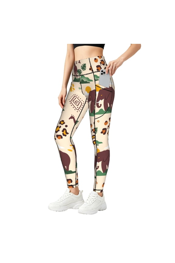 Women's Baggy Yoga Pants with Pockets Workout Leggings Athletic Gym, African Elephant Giraffe