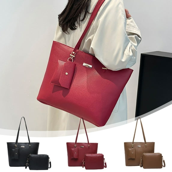 Women's Bags Set 3-Piece Large Capacity Fashion Tote | Vintage PU Leather Handbag | Crossbody & Card Holder | Stylish Multi-Functional Purse Set | Red Brown | 15.16"x10.63"x4.13"