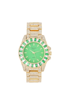 Women's Baguette Cut Diamond Crystal Bling'ed Out Watch - Drop it Down with This Ice on Your Wrist Ladies!! Hakuna Matata!! - ST10372MLA (ST10372MLA Metal Gold Lime/Lime)