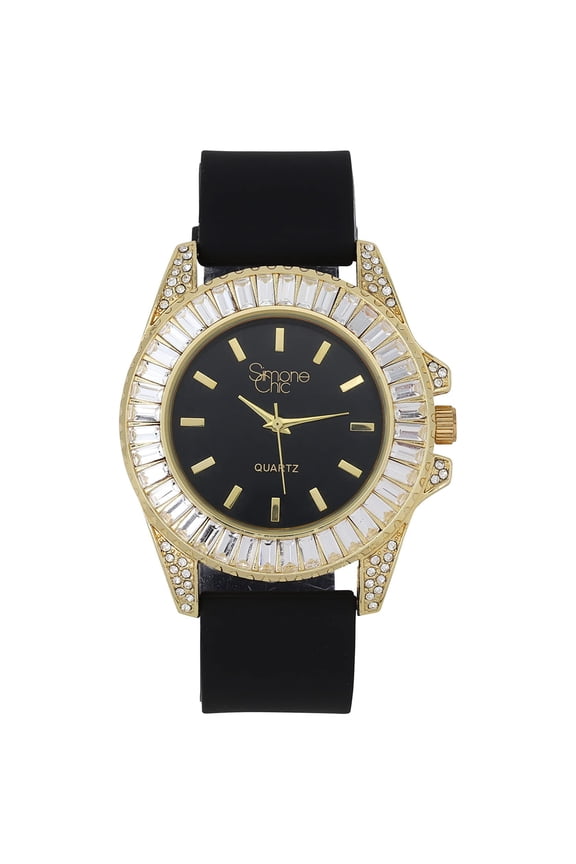 Women's Baguette Cut Diamond Crystal Bling'ed Out Watch - Drop it Down with This Ice on Your Wrist Ladies!! Kakuna Matata!! -ST10372SLA Rubber Gold Black