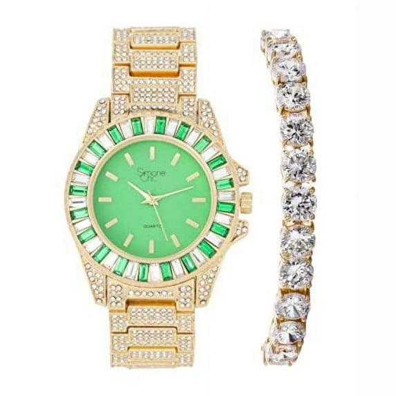 Women's Baguette Cut Iced Out Diamond Watch - Drop it Down with This Bling'ed Out Crystal Tennis Bracelet on Your Wrist Ladies! - ST10372MLA-TB (ST10372MLA Metal Gold Lime/Lime- TB)