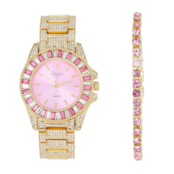 Women's Baguette Cut Iced Out Diamond Watch - Drop it Down with This Bling'ed Out Crystal Tennis Bracelet on Your Wrist Ladies! - ST10372MLA Gld/Pink Blush-Pink TB