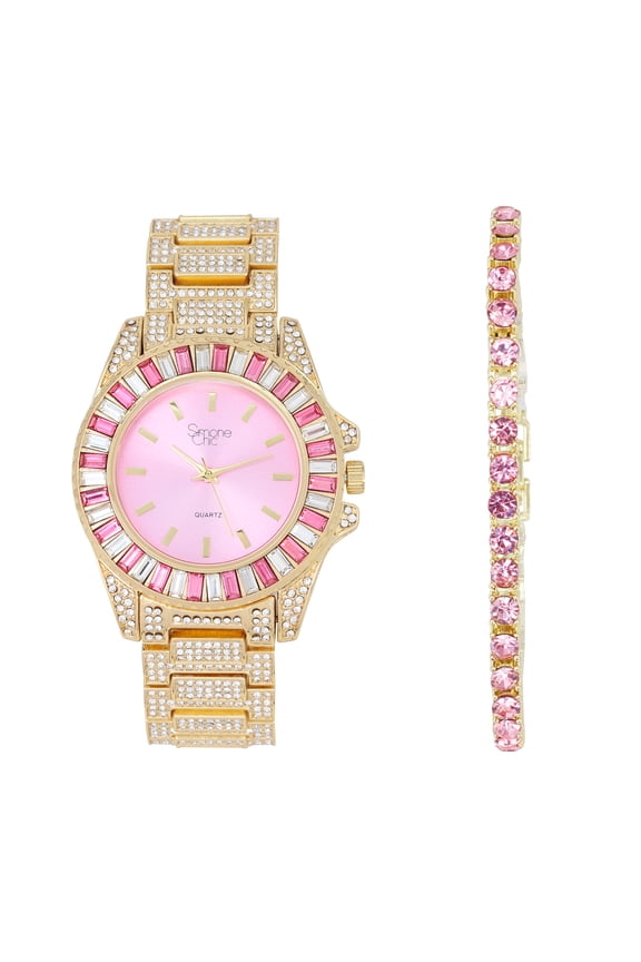 Women's Baguette Cut Iced Out Diamond Watch - Drop it Down with This Bling'ed Out Crystal Tennis Bracelet on Your Wrist Ladies! - ST10372MLA Gld/Pink Blush-Pink TB