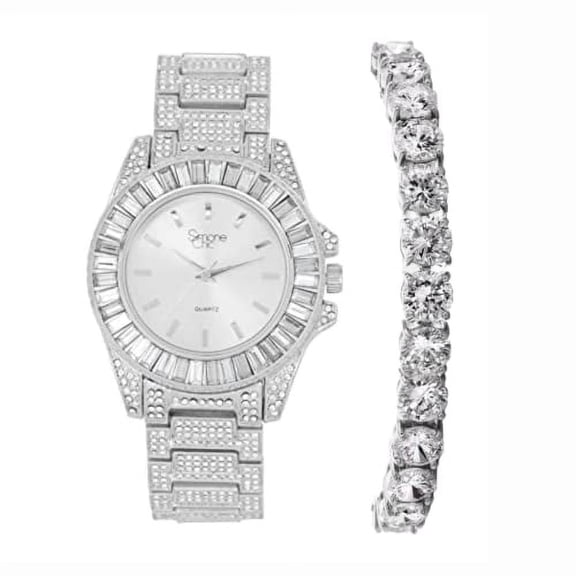 Women's Baguette Cut Iced Out Diamond Watch - Drop it Down with This Bling'ed Out Crystal Tennis Bracelet on Your Wrist Ladies! - ST10372MLA-TB (ST10372MLA Metal SLV SLV/SLV- TB)