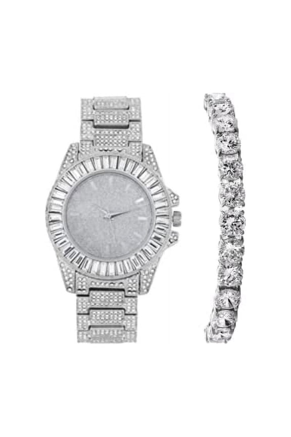 Women's Baguette Cut Iced Out Diamond Watch - Drop it Down with This Bling'ed Out Crystal Tennis Bracelet on Your Wrist Ladies! - ST10372MLA-TB (ST10372MLA Metal Silver Silver- TB)