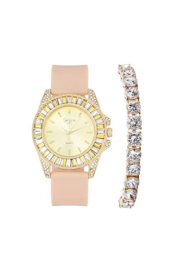 Women's Baguette Cut Iced Out Diamond Watch - Drop it Down with This Bling'ed Out Crystal Tennis Bracelet on Your Wrist Ladies! - ST10372MLA-TB (ST10372SLA Rubber Gold Lug/Lug- TB)