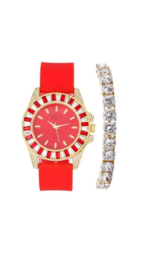 Women's Baguette Cut Iced Out Diamond Watch - Drop it Down with This Bling'ed Out Crystal Tennis Bracelet on Your Wrist Ladies! - ST10372MLA-TB (ST10372SLA Rubber Gold Red/Red- TB)