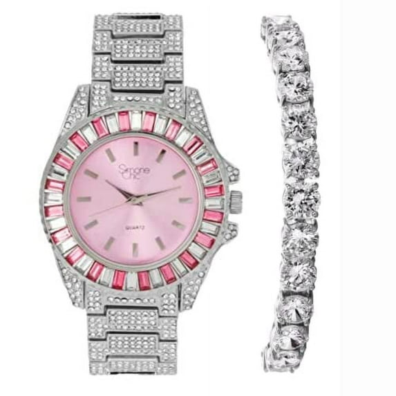 Women's Baguette Cut Iced Out Diamond Watch - Drop it Down with This Bling'ed Out Crystal Tennis Bracelet on Your Wrist Ladies! - ST10372MLA-TB (Silver, Pink- TB)