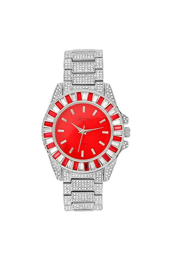 Women's Baguette Cut Iced Out Diamond Watch - Drop it Down with This Bling'ed Out Crystal Watch on Your Wrist Ladies!! Hakuna Matata!! - ST10372MLA Metal SLV Red/Red