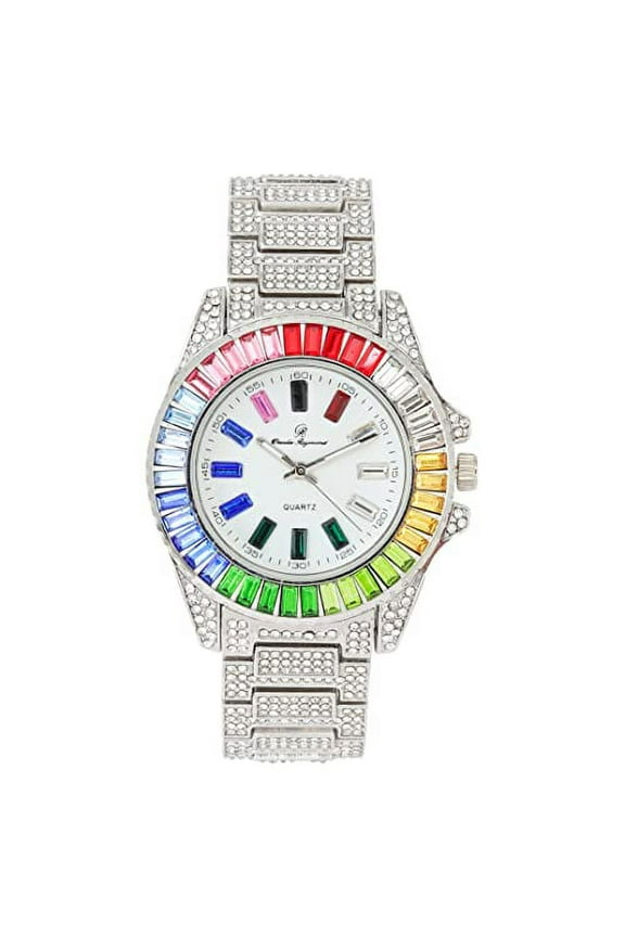 Women's Baguette Cut Iced Out Diamond Watch - Drop it Down with This Bling'ed Out Crystal Watch on Your Wrist Ladies!! Hakuna Matata!! - ST10372MLA (ST10372MLAMC Metal SLV Rainbow)