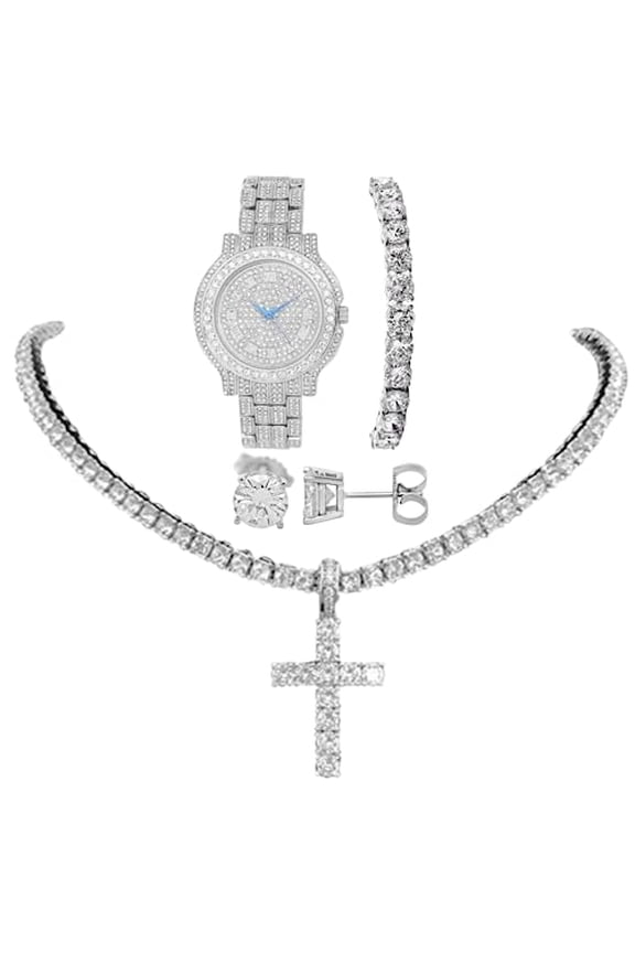 Women's Baguette Cut Iced Out Watch with Bling'ed Out Tennis Bracelet and Necklace with Matching Diamond Crystal Earing (L0504LA Trim SLV - 20")
