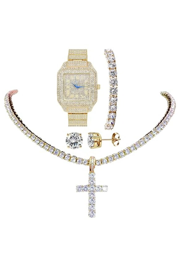 Women's Baguette Cut Iced Out Watch with Bling'ed Out Tennis Bracelet and Necklace with Matching Diamond Crystal Earing (L0513LA Trim GLD - 18")