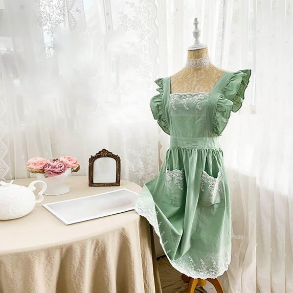 Women's Baking Apron - Green With Lace Details, Ruffled Sleeves, And Pocket - For Home Kitchen, Baking, Cooking, Gardening