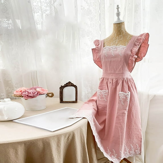 Women's Baking Apron, Pink Cotton Apron With Ruffled Sleeves, Lace Embroidery, And Front Pockets - Kitchen Apron For Baking, Cooking, Gardening, Housework, And Crafting