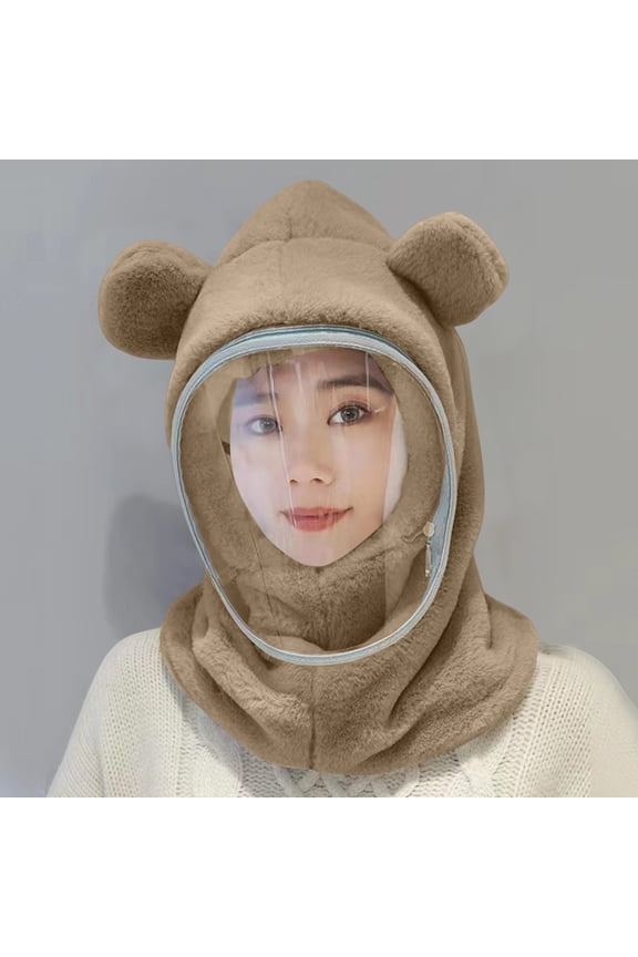 Women's Balaclava, Cute Cat Ear Neck Warmer with Detachable Transparent Face Shield, Winter Fleece Lined Face Mask for Cold Weather Daily Outfit and Outdoor Activities