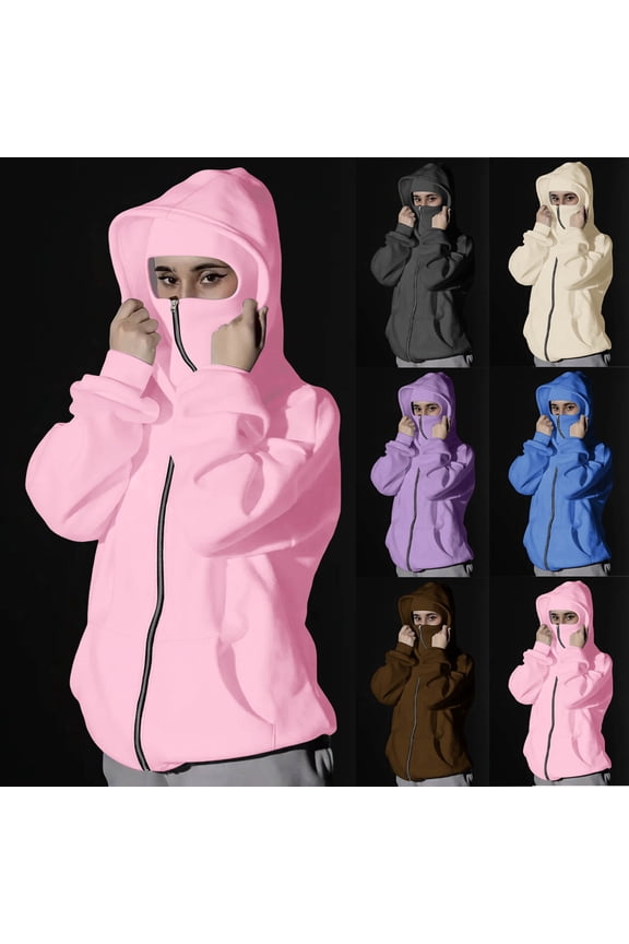 Women's Balaclava Hoodie Zip Up Jacket Double Hooded Sweatshirt with Mask Wind Coat for Casual Streetwear Loungewear Winter Outdoor Fashion Essential | CSEONE,Coffee L
