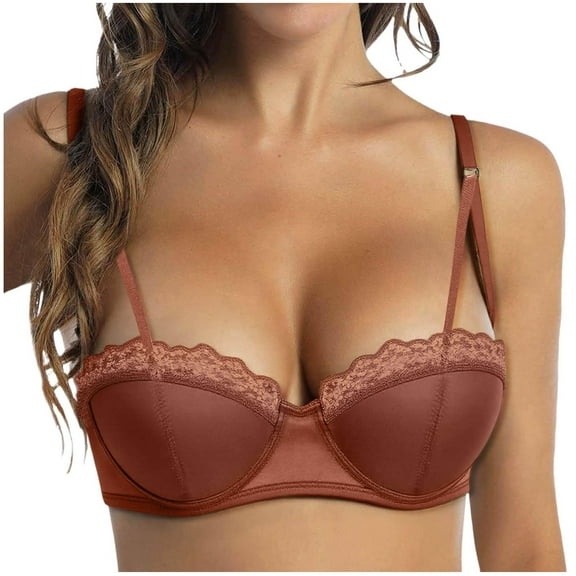 Women's Balconette Bra with Push Up Effect Plus Size Sexy Lace Demi Half Cup Bra Underwired Low Cut Mesh Bras Grand
